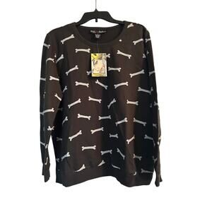 NWT Polly & Esther Women's Black Sweatshirt with All Over Skeleton Bone Print XL